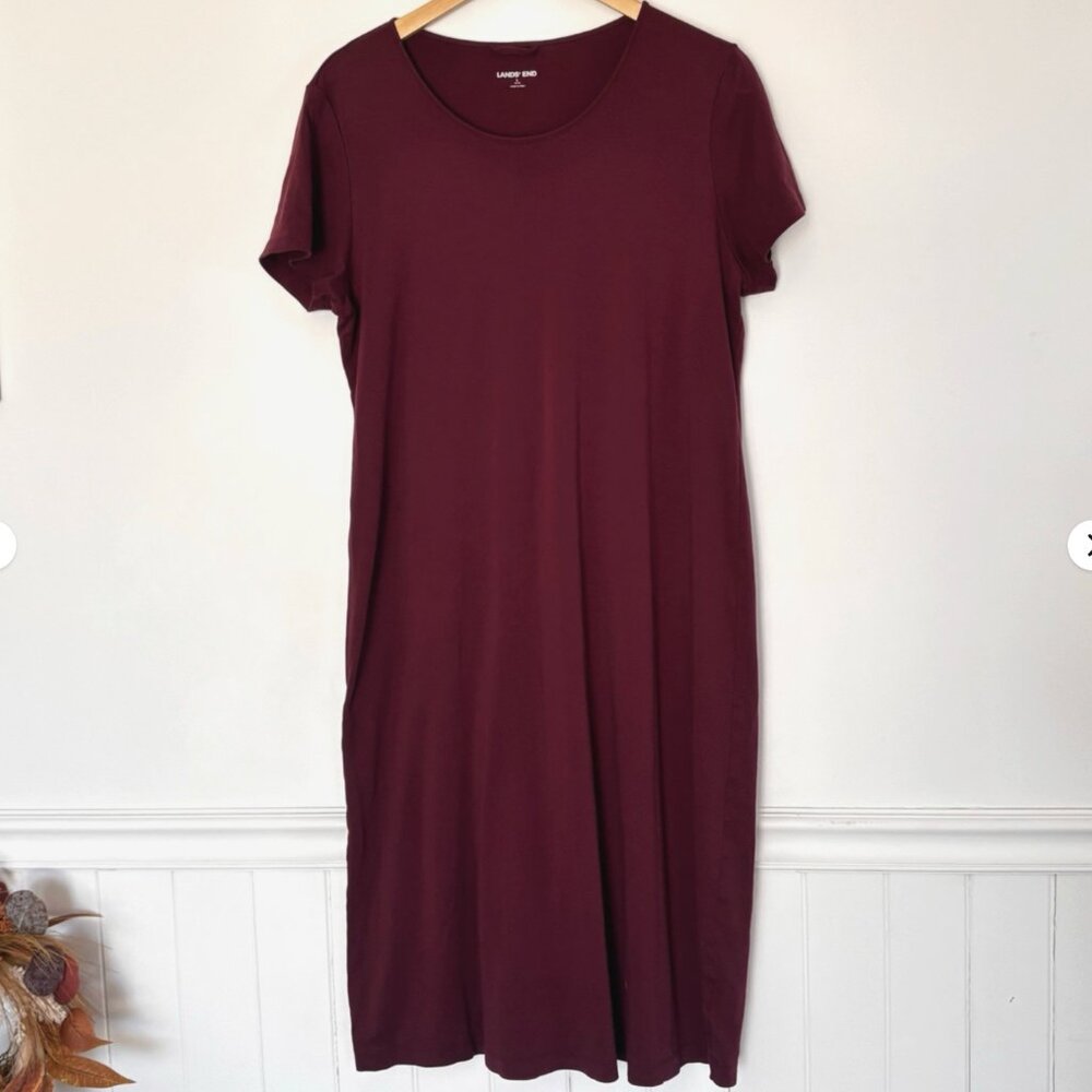 Lands’ End Burgundy T Shirt Midi Dress Size Large E58
